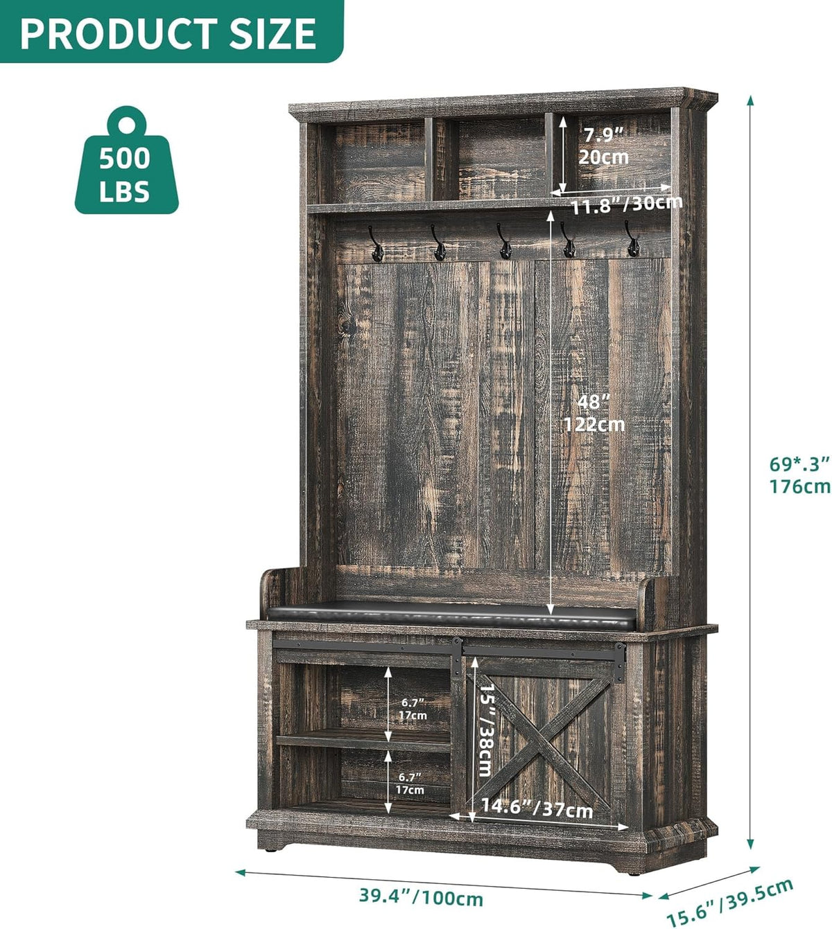 Dark Rustic Oak Hall Tree with Shoe Bench and Coat Rack Storage Bench Cabinet Z266