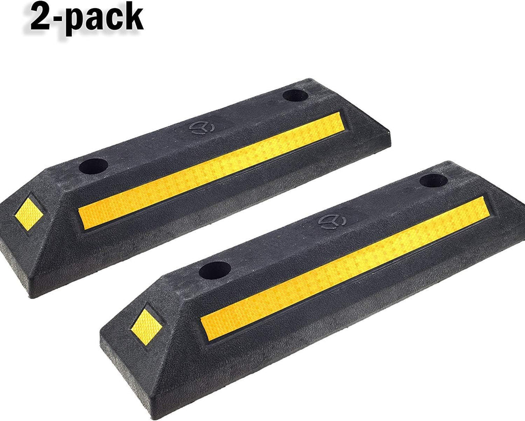 Black Heavy Duty Rubber Parking Blocks with Yellow Reflective Stripes, 2 Pack E64451