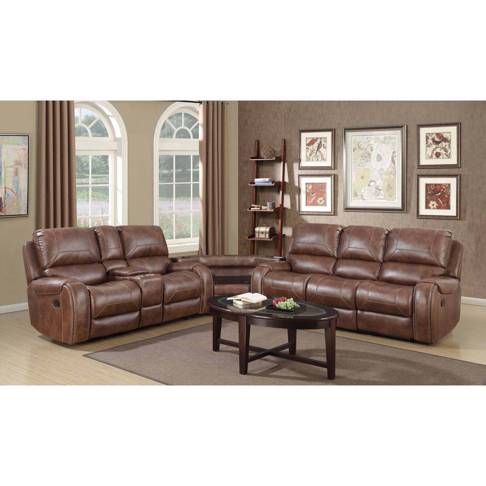 Brown Leather Manual Reclining Sofa with Storage Console and USB Port Q271