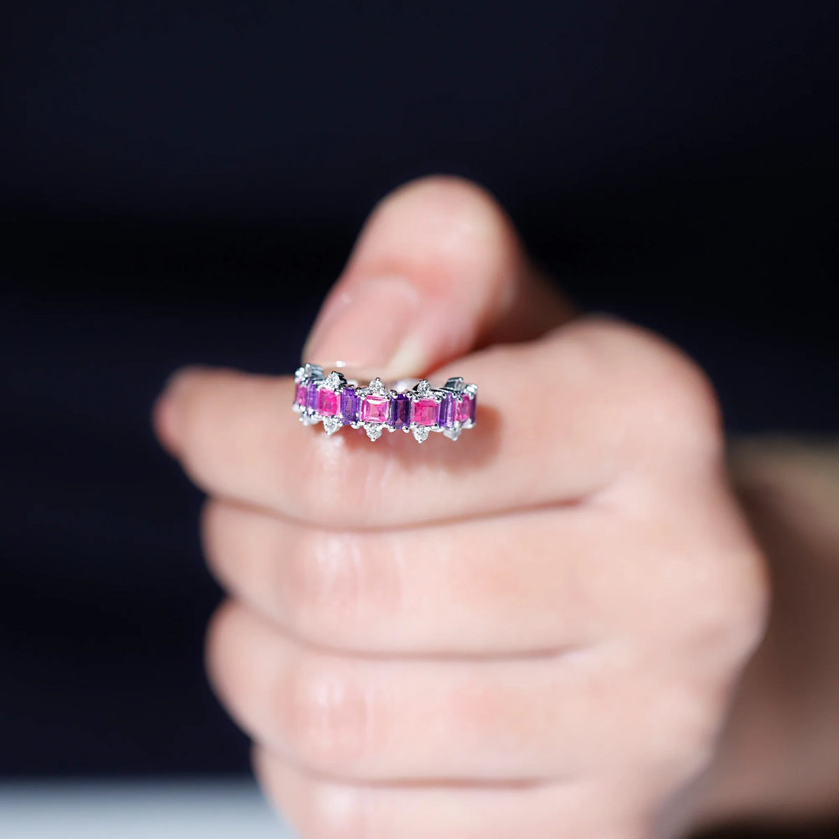 14K White Gold Pink Sapphire and Amethyst Ring with Diamond Y870