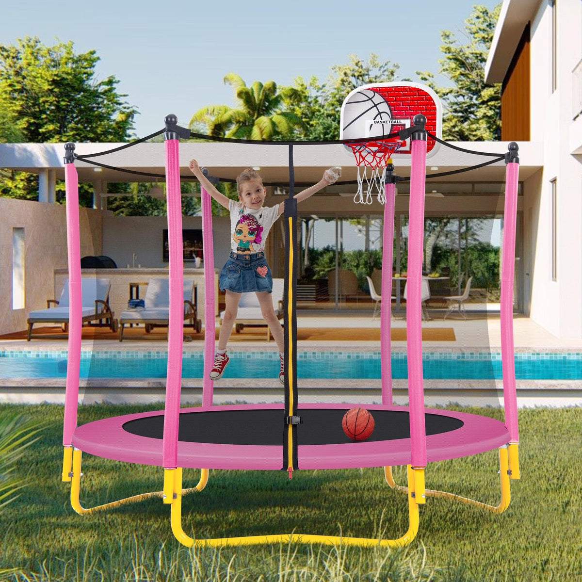 Pink Round Mini Toddler Trampoline with Enclosure and Basketball Hoop K67051