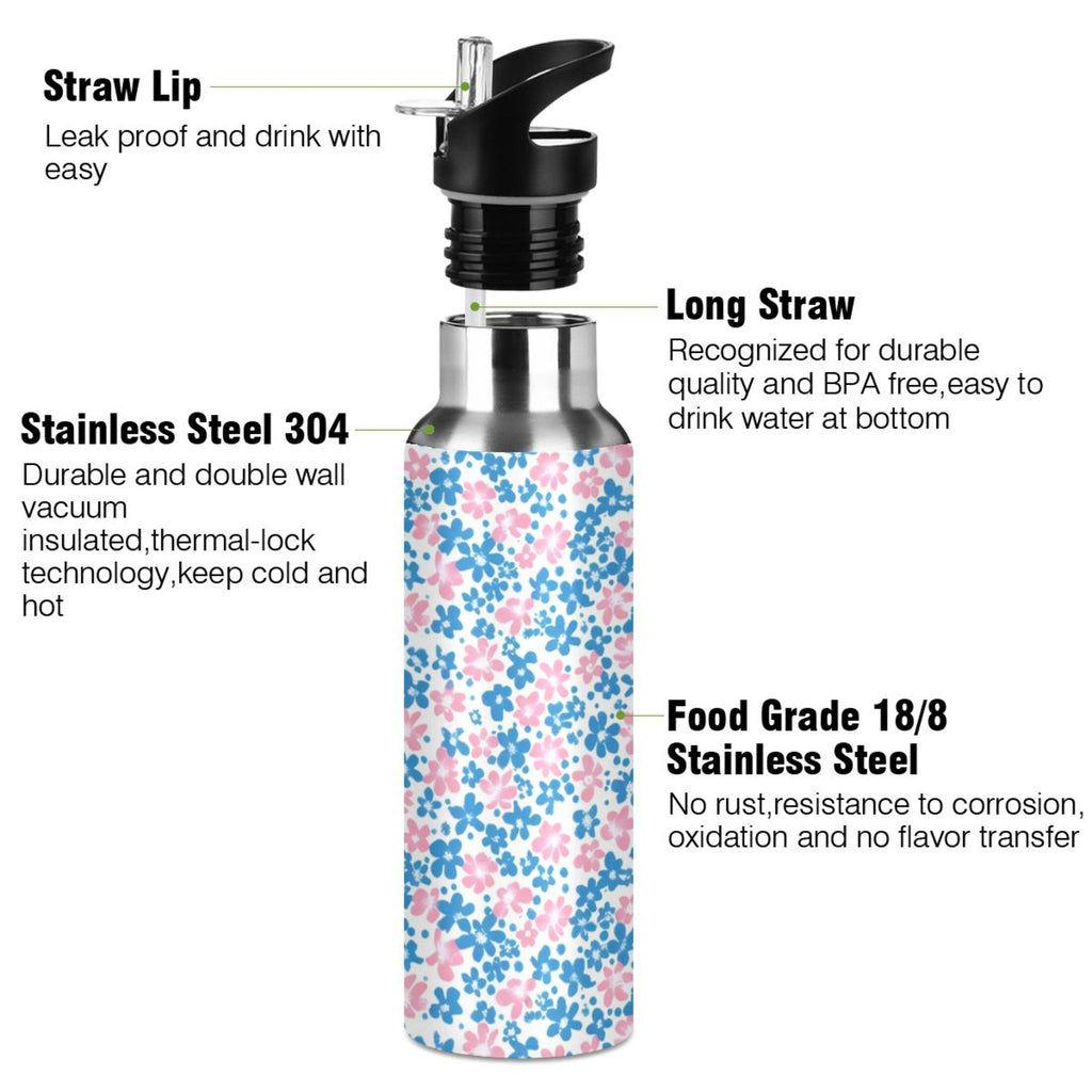 Pink and Blue Floral Insulated Stainless Steel Water Bottle with Straw Lid 20 oz W7784