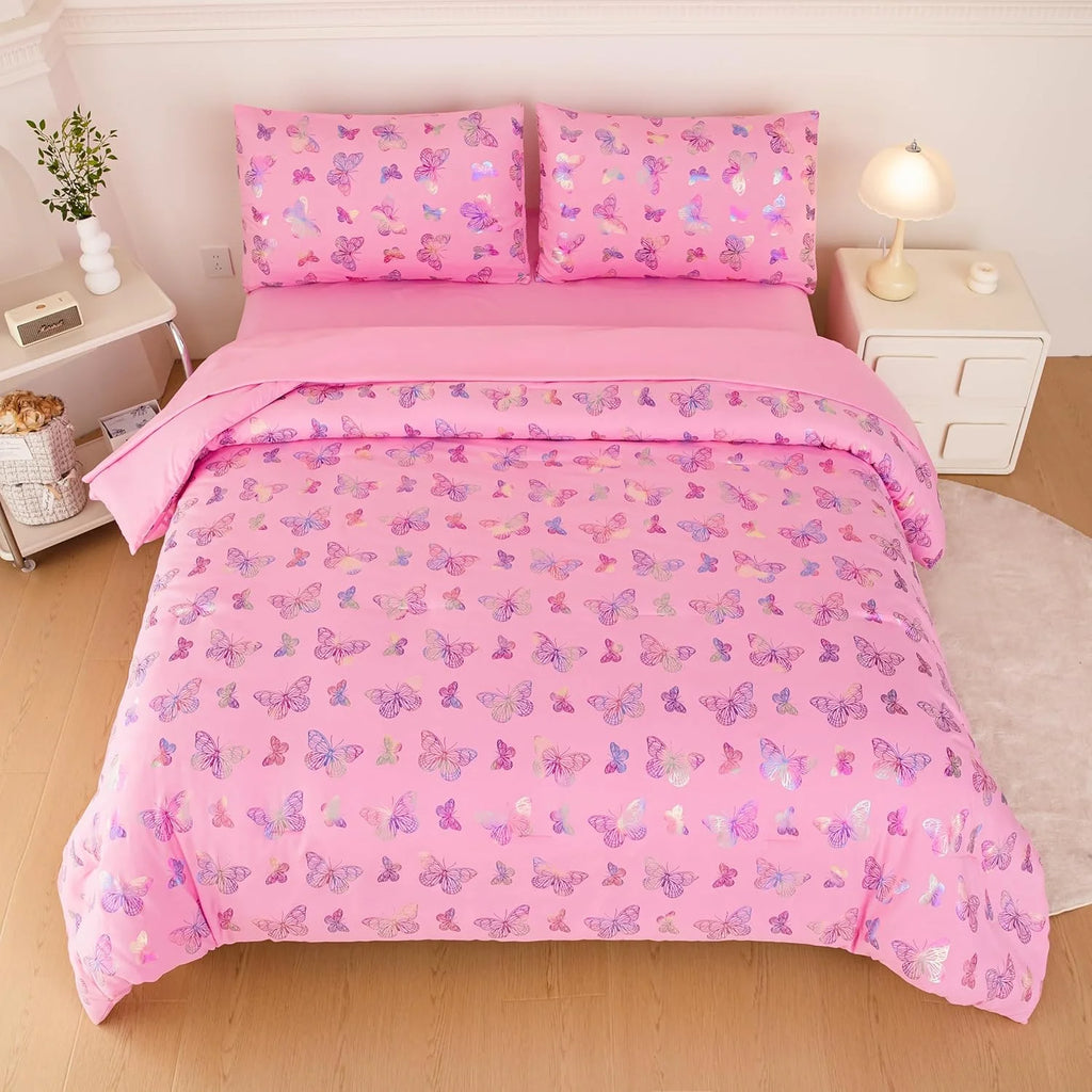 Purple 5 Pcs Full Size Comforter Set with Fitted Sheet, Flat Sheet, Comforter, Pillowcases U621