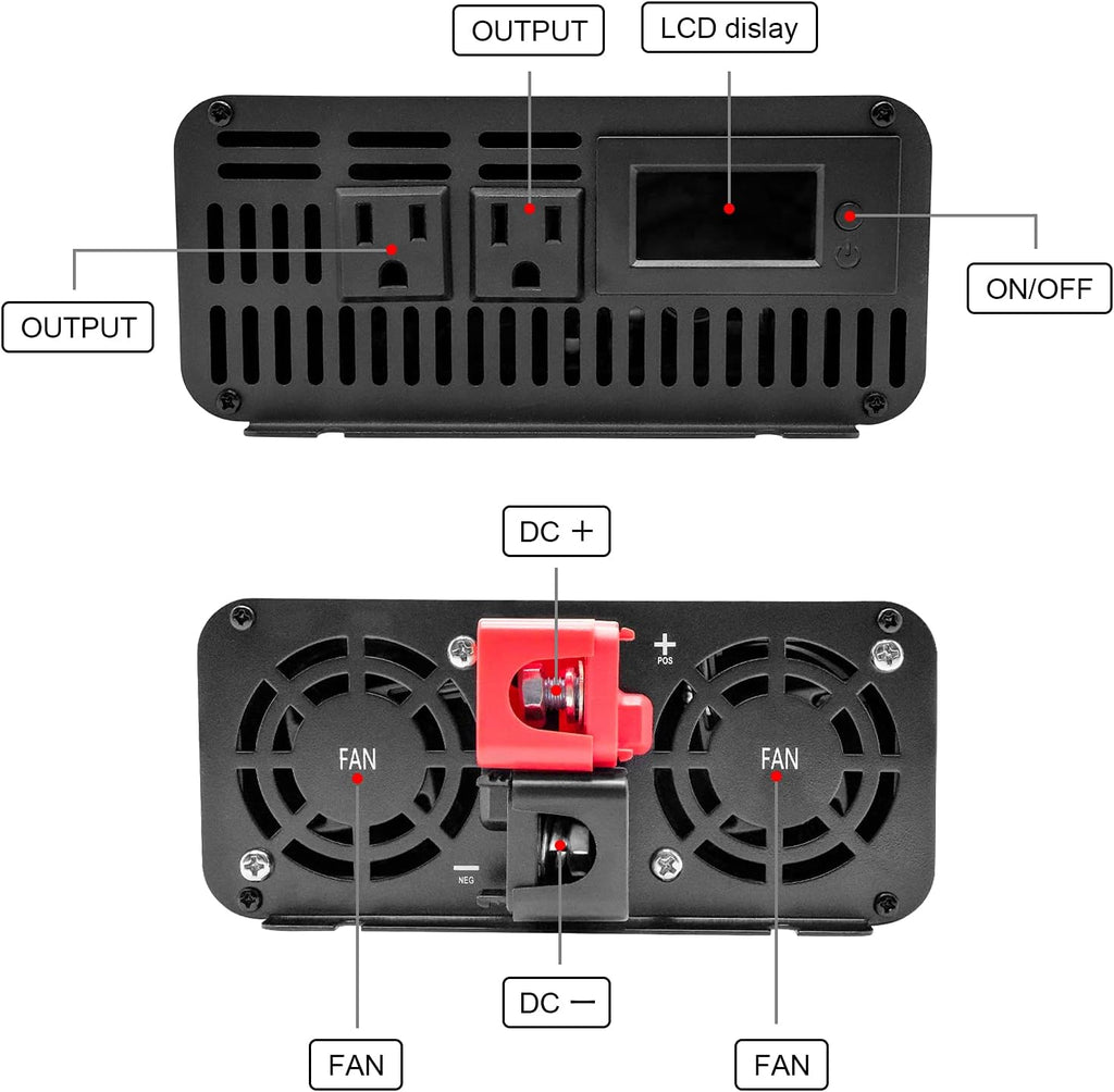 2000W Pure Sine Wave Power Inverter DC 12V to 110V AC Dual AC Outlets with Remote Control & LCD Display E531