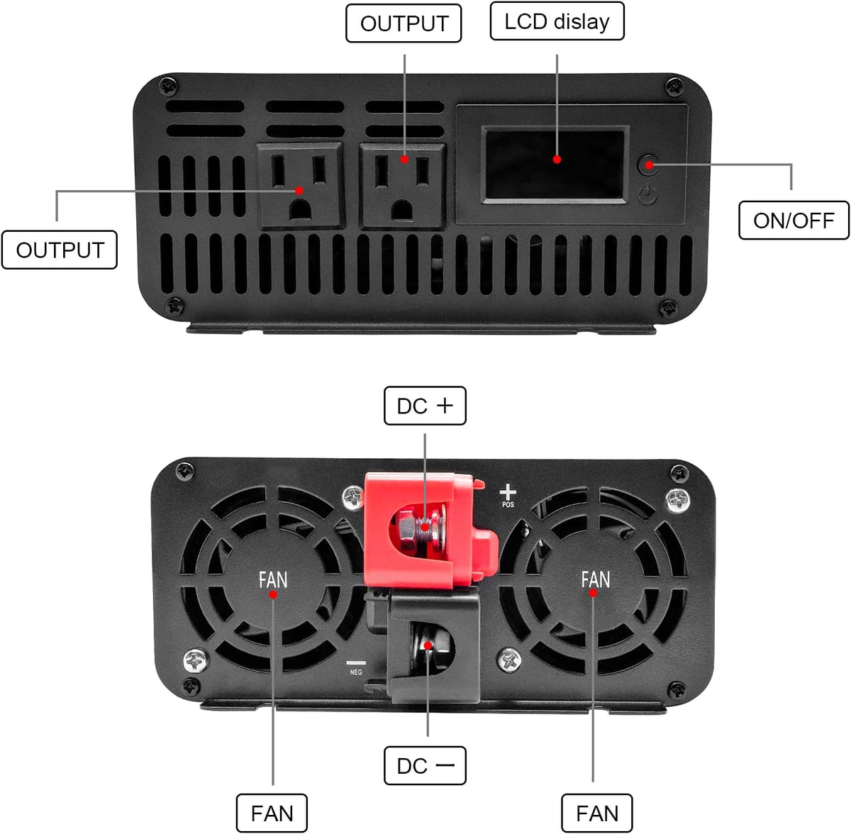 2000W Pure Sine Wave Power Inverter DC 12V to 110V AC Dual AC Outlets with Remote Control & LCD Display E531