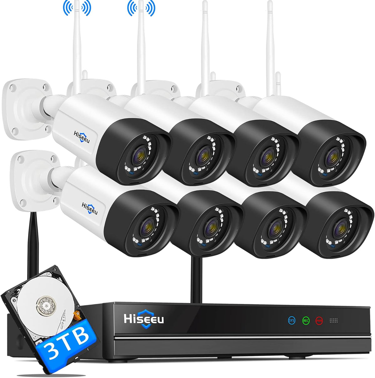 2K Wireless 8 CH NVR Kit 8Pcs 3MP WiFi Bullet Security Camera System with 3TB Hard Drive X211890