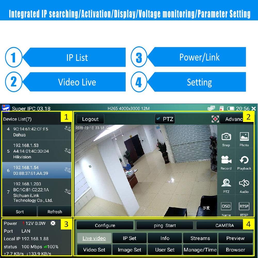 Security Camera Tester with SDI Input, Power Supply and Network Cable Test B997892