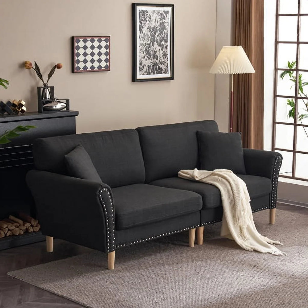 Black Upholstered 2-Seat Loveseat Sofa with 2 Pillows N986