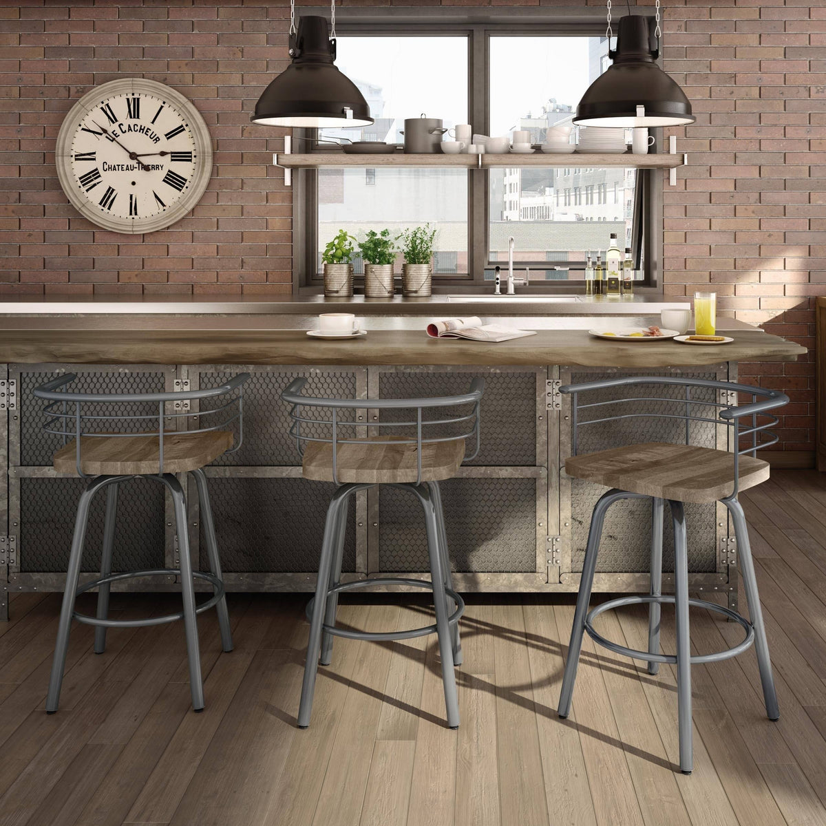 Swivel Metal Counter Stool with Distressed Wood Seat Z35679
