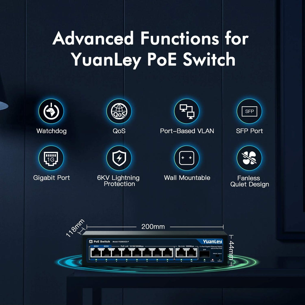 11 Port Gigabit PoE Switch, 8 PoE+ Port 1000Mbps, 2 Gigabit Uplink, 1 SFP Port, 120W, Metal, Unmanaged, Pack of 2 C885