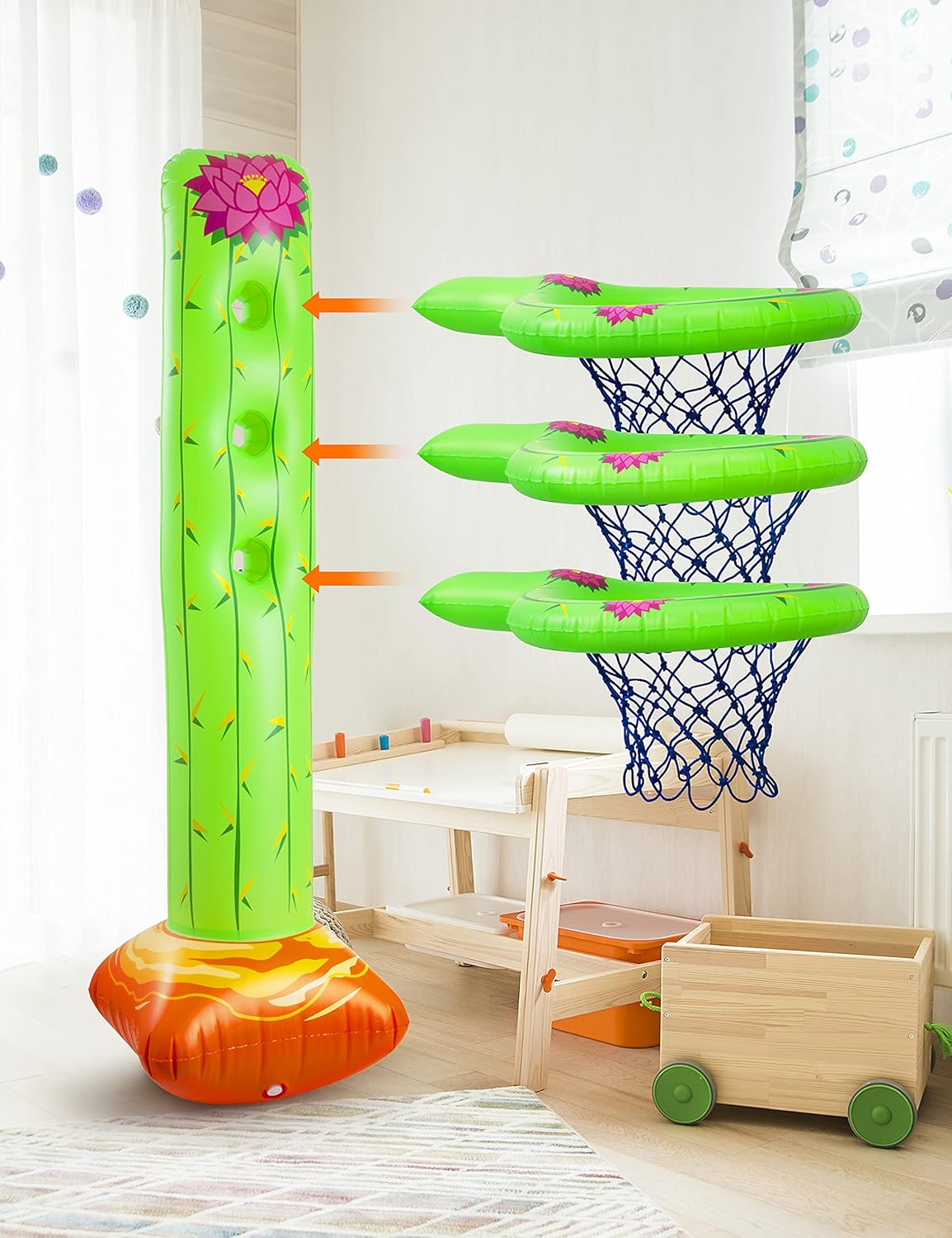 Inflatable Cactus Basketball Set with 2 Balls, Height-Adjustable Basket 3ft – 5ft Q6650