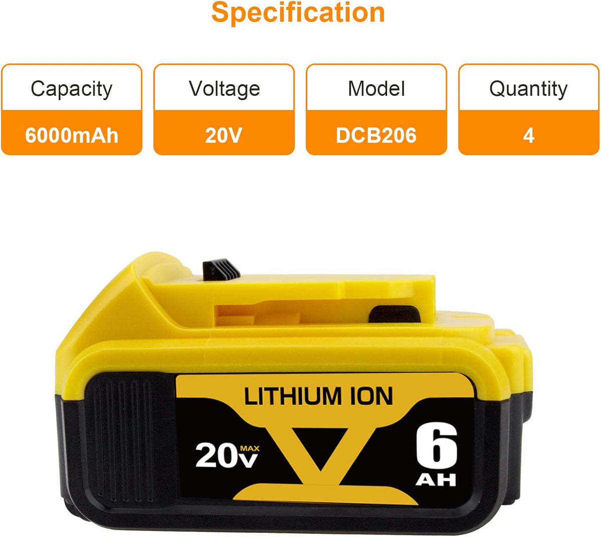 4 Packs 6.0Ah DCB206 Battery Compatible with Dewalt 20V Max Lithium Q95266