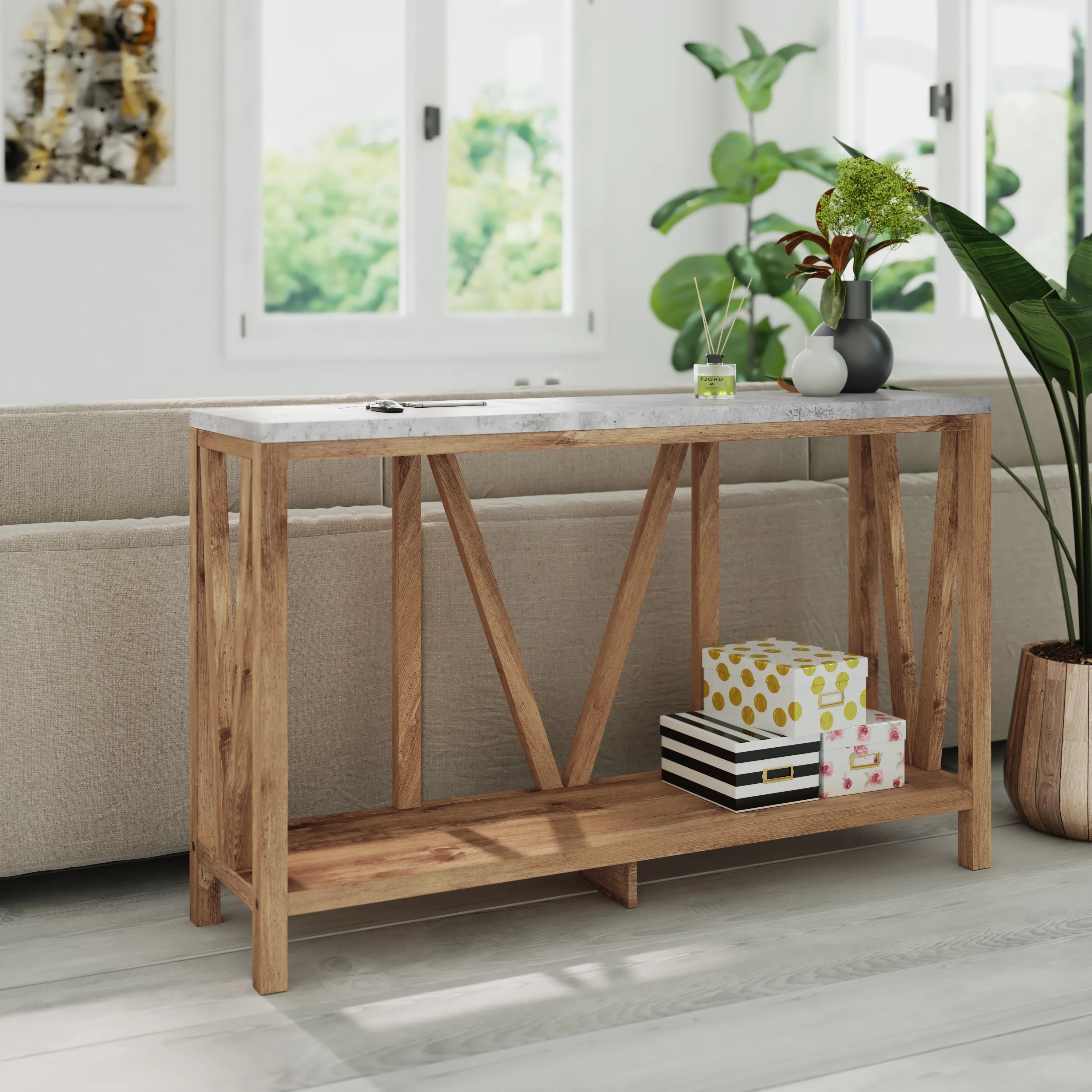 Warm Oak Console Accent Table with Faux Concrete Finished Wood Top R833