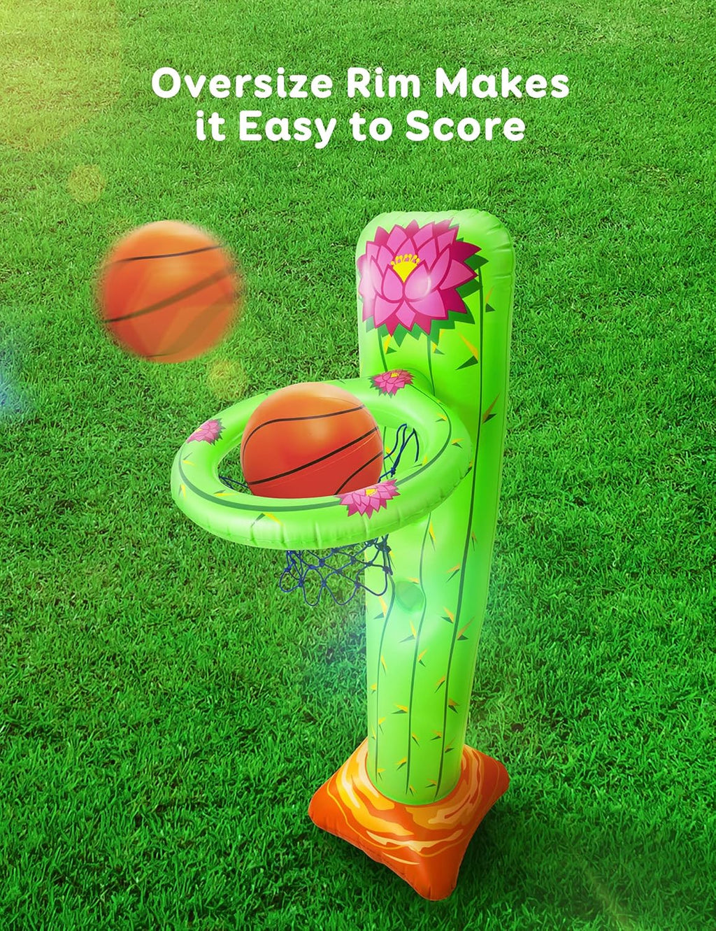 Inflatable Cactus Basketball Set with 2 Balls, Height-Adjustable Basket 3ft – 5ft Q6650