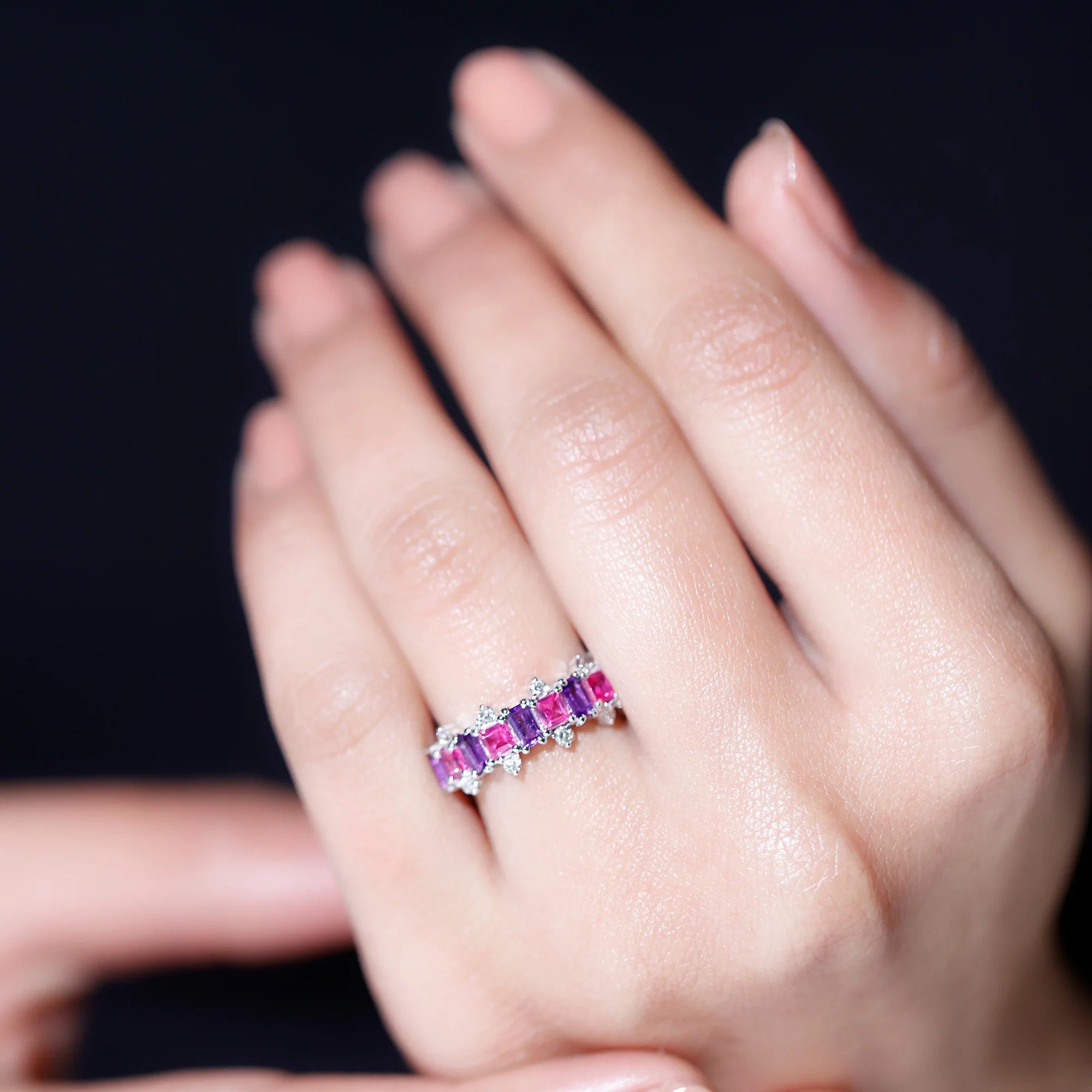 14K White Gold Pink Sapphire and Amethyst Ring with Diamond Y870