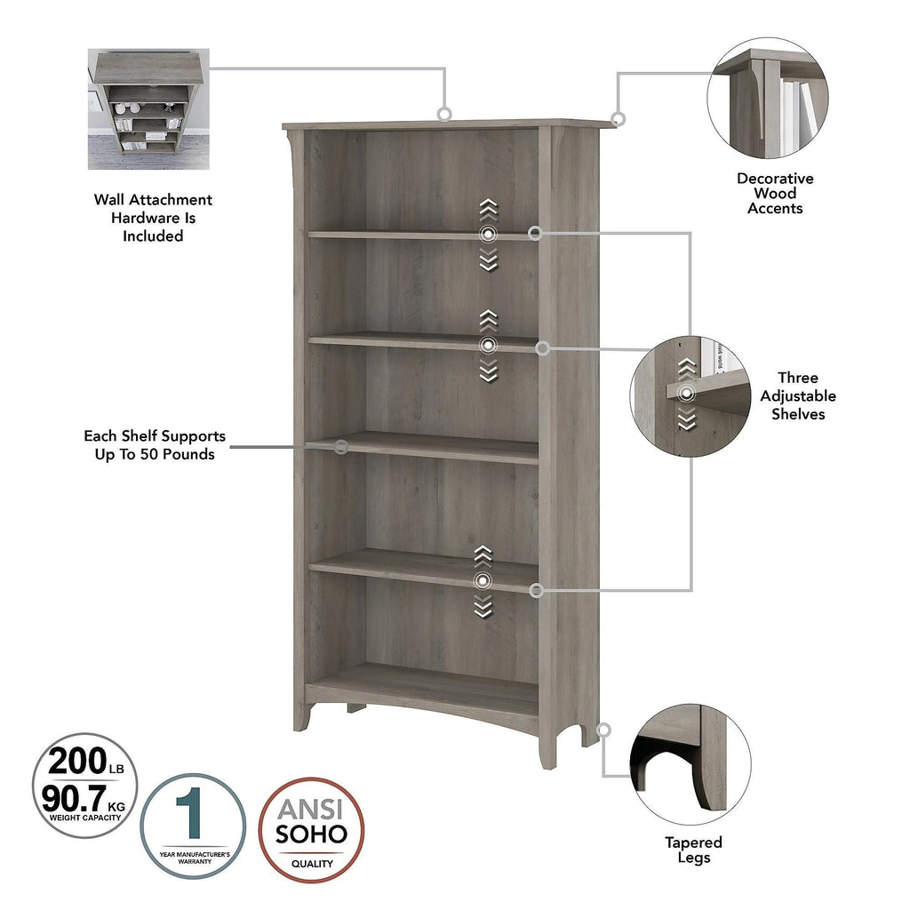 5 Shelf Bookcase, Driftwood Gray K1229