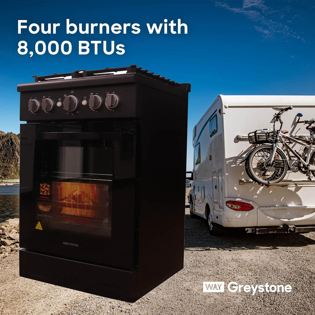 24 Inch Slide-In RV Gas Range with Oven, 4 Burners, Black D8858