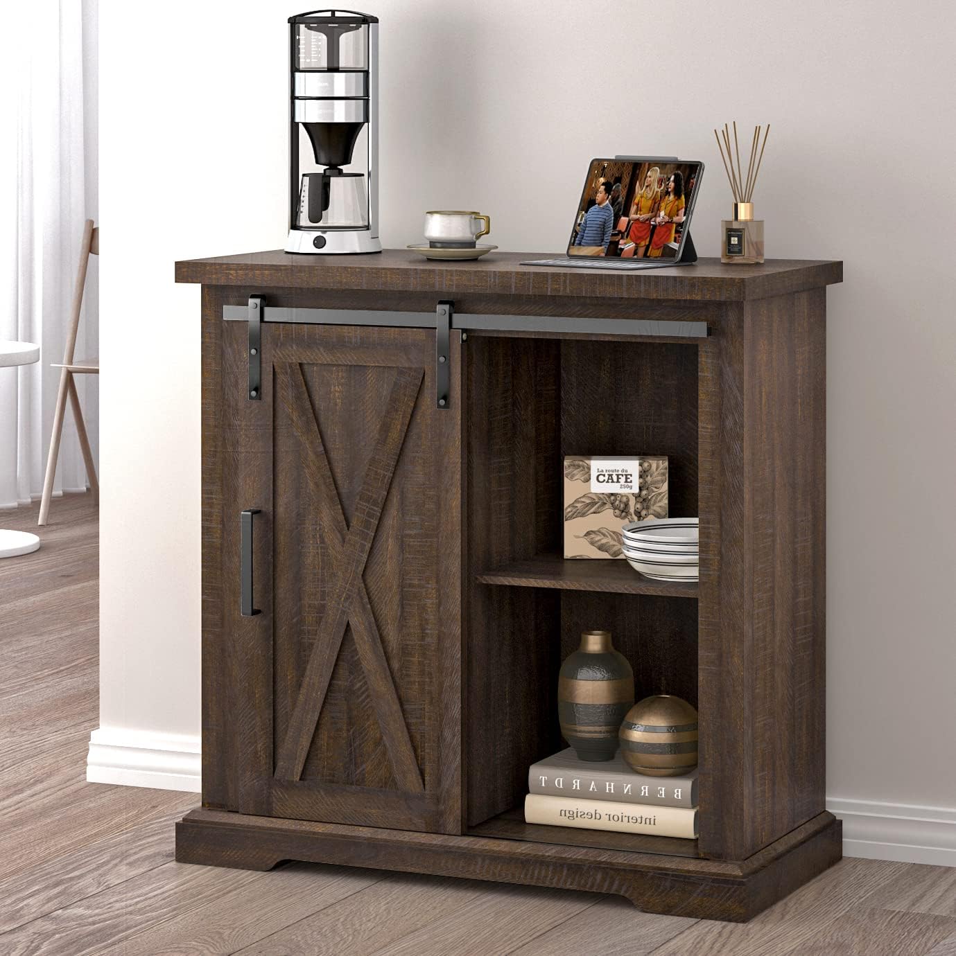 Dark Brown Wood Accent Cabinet with Sliding Barn Door and 4 Adjustable Shelves F6480