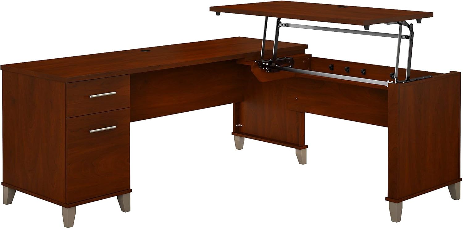 72W Sit to Stand L Shaped Desk in Hansen Cherry U5347