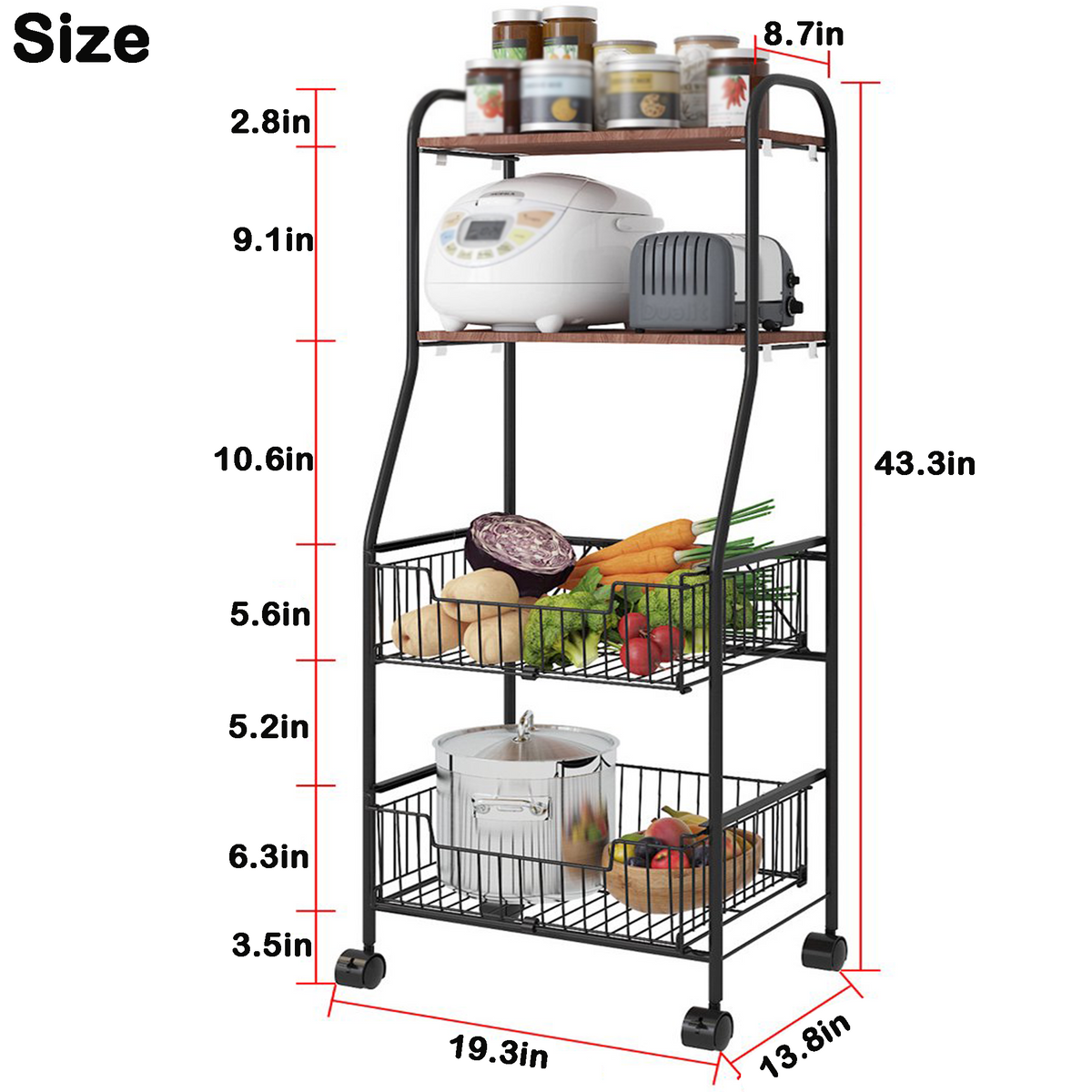 4 Tiers Kitchen Baker's Rack with Wheels P699476