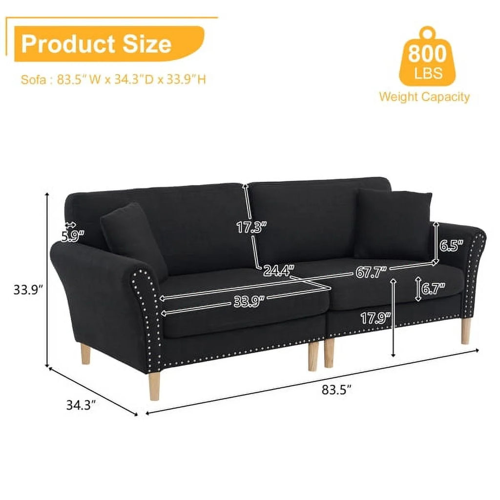 Black Upholstered 2-Seat Loveseat Sofa with 2 Pillows N986