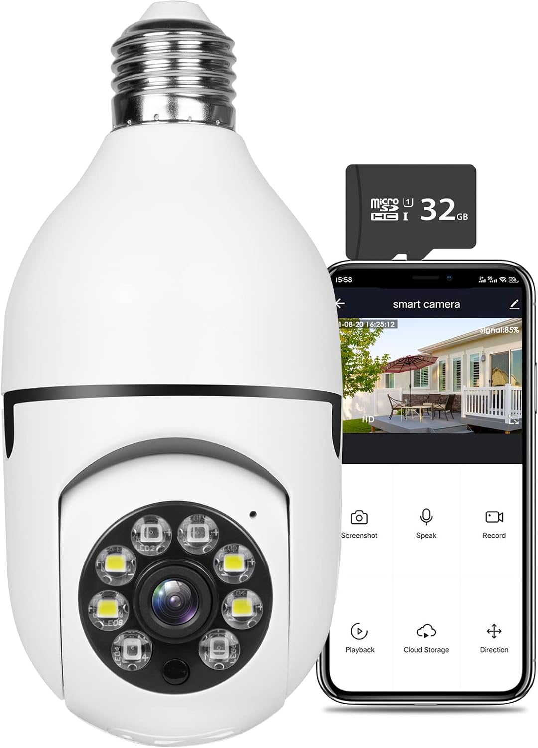 E27 Bulb 1080P Security Camera, PTZ 360 Degree Panoramic Wireless WiFi, Two Way Audio, 32G Memory Card Pack of 2 X2023