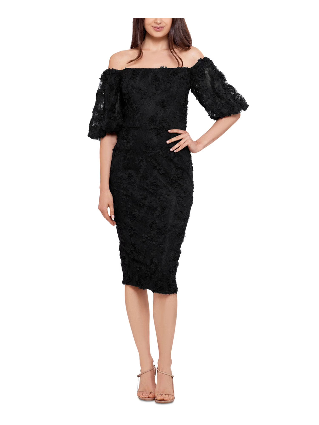 Black Stretch Lace Off Shoulder Formal Sheath Dress S49792