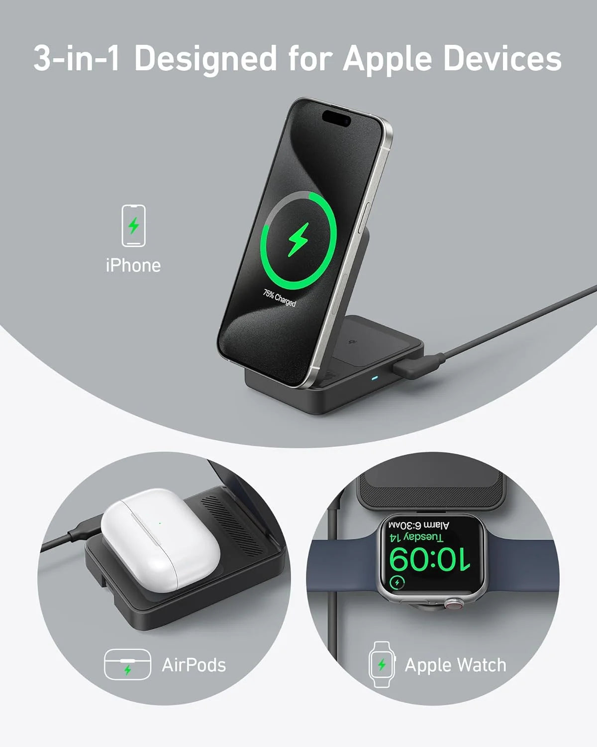 3-in-1 Wireless Charging Station with 40W USB-C Charger D98608