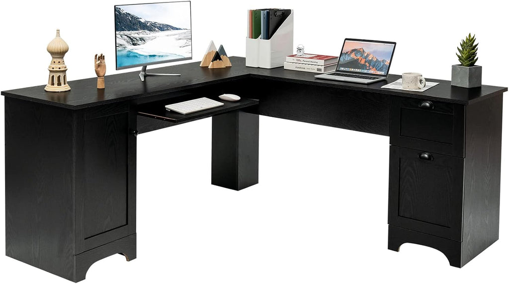Walnut L Shaped Corner Computer Desk with Storage Drawers F441166