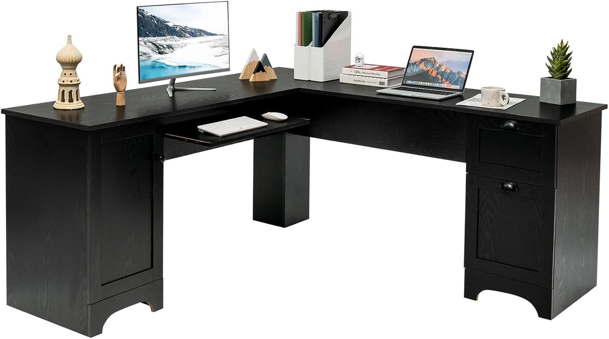 Walnut L Shaped Corner Computer Desk with Storage Drawers F441166
