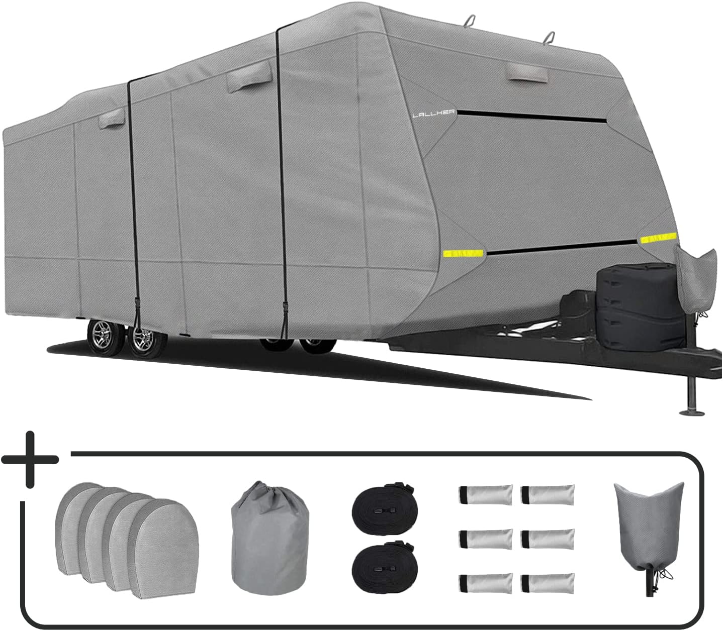 Heavy Duty 6 Layers Windproof Waterproof Camper RV Cover with 4 Tire Covers and 2 Tongue Jack Cover L370