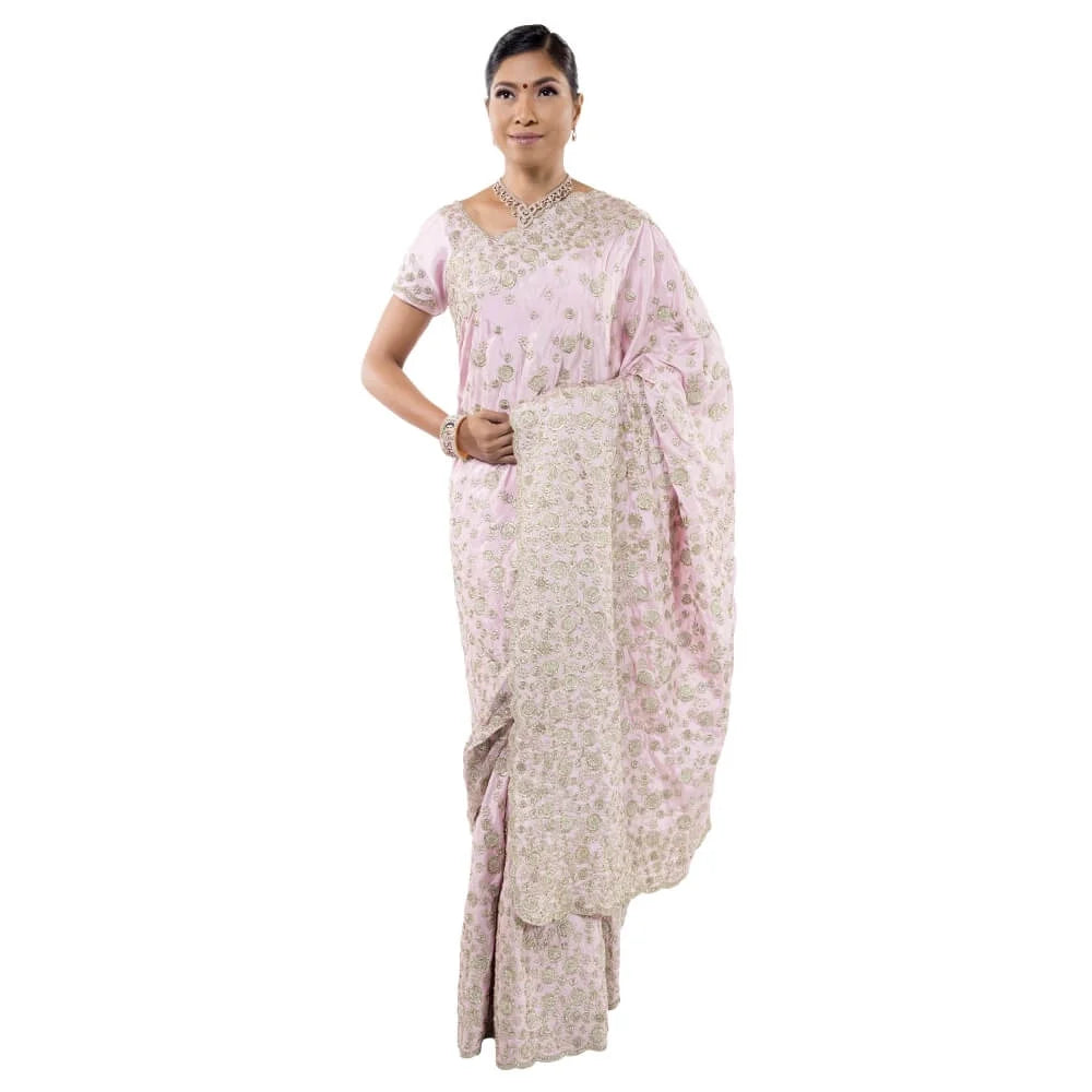 Pink Satin Silk Saree with Bead Work Embroidery X302