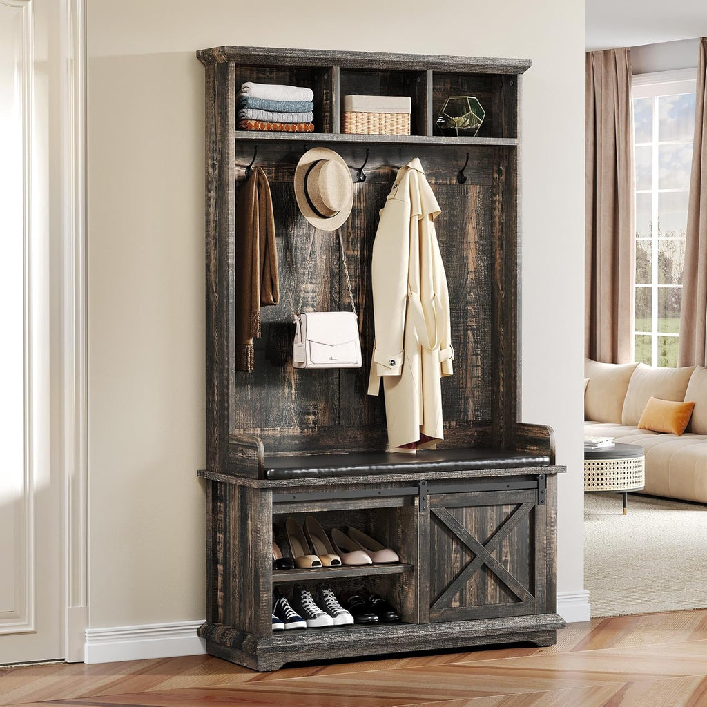 Dark Rustic Oak Hall Tree with Shoe Bench and Coat Rack Storage Bench Cabinet Z266