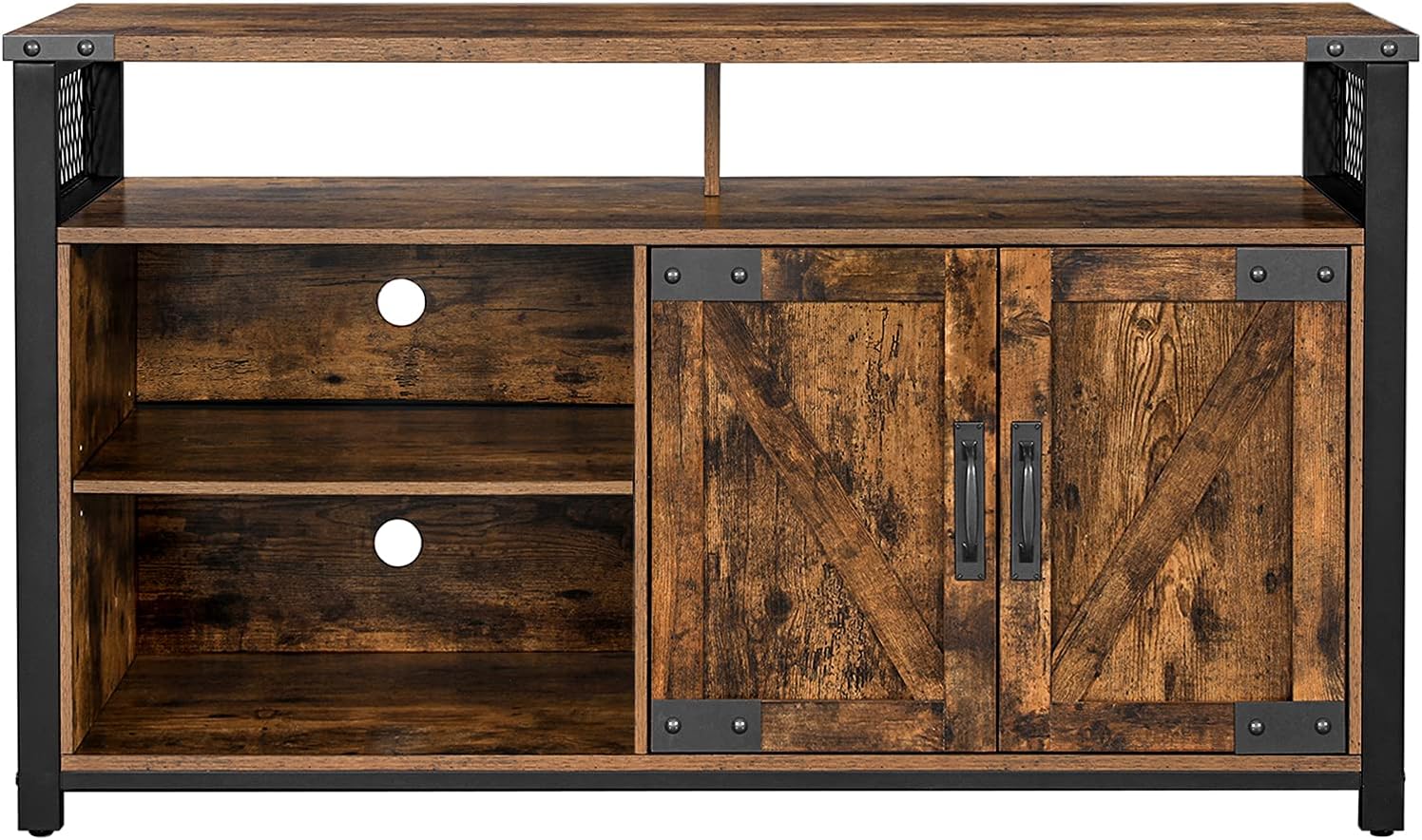 Rustic Brown and Black TV Stand with Barn Doors and Adjustable Storage Shelves C2562