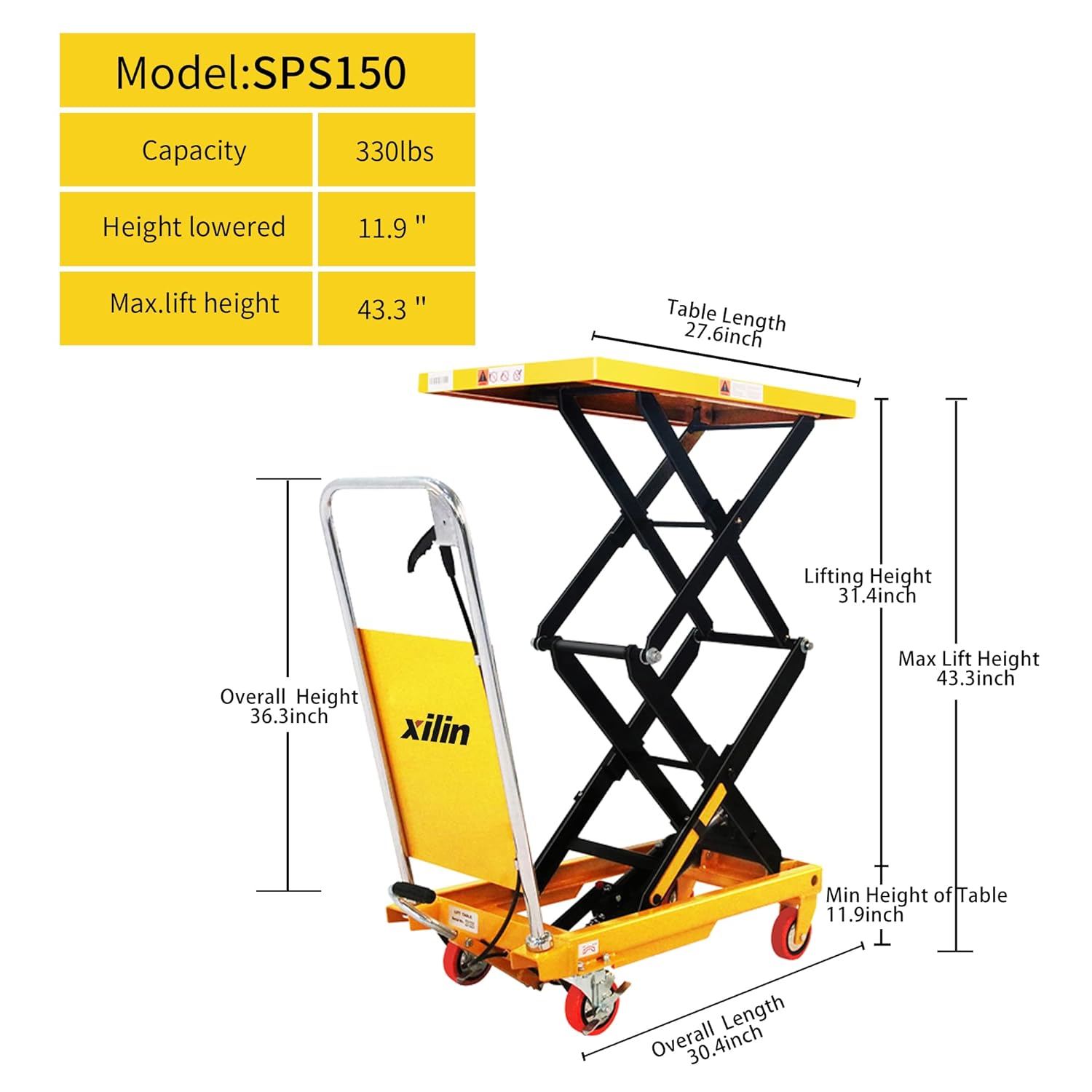 Manual Hydraulic Lift Table Cart Double Scissor 330lbs Capacity 43.3 Lifting Height U60532