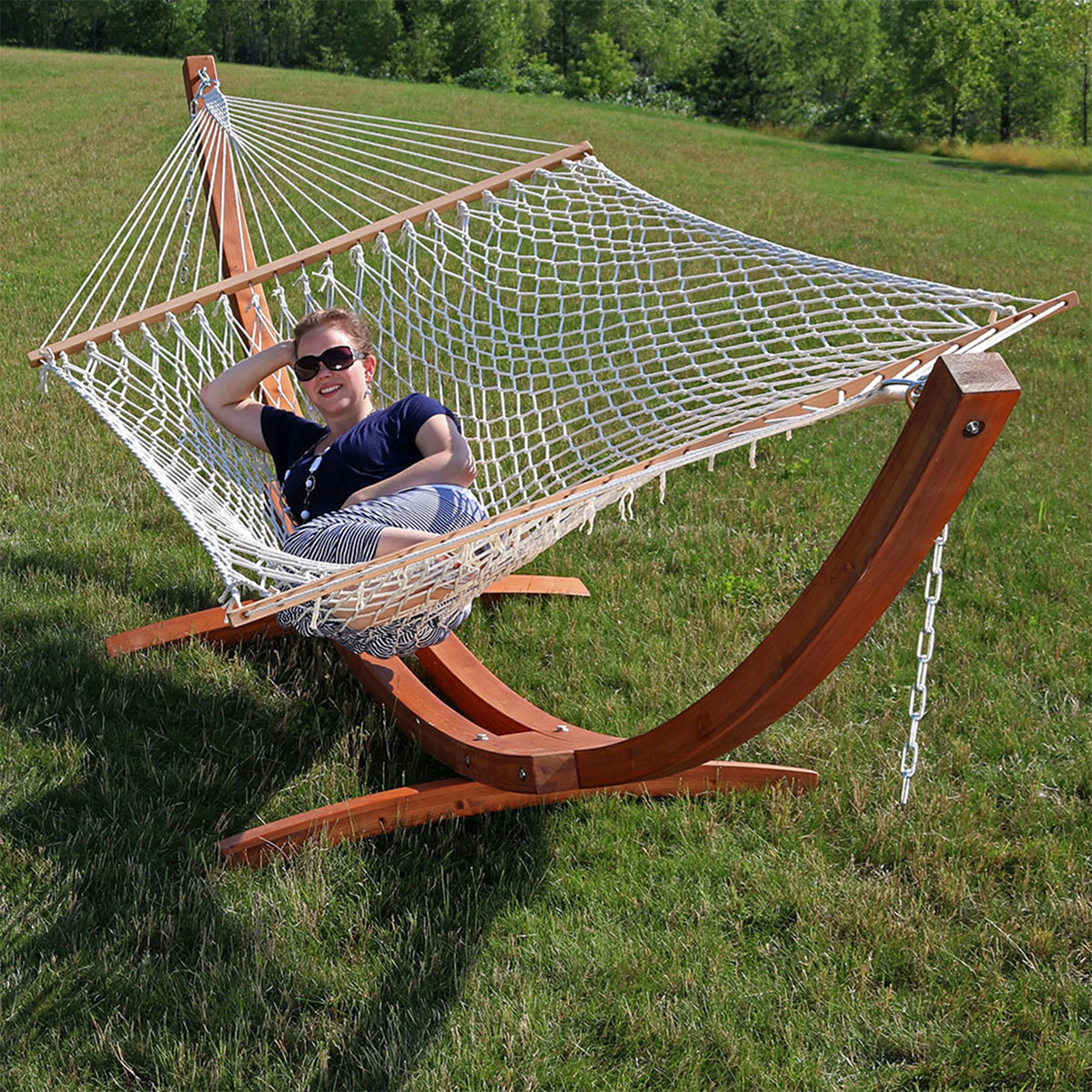 White 13' Double Rope Hammock with Wooden Stand V553458