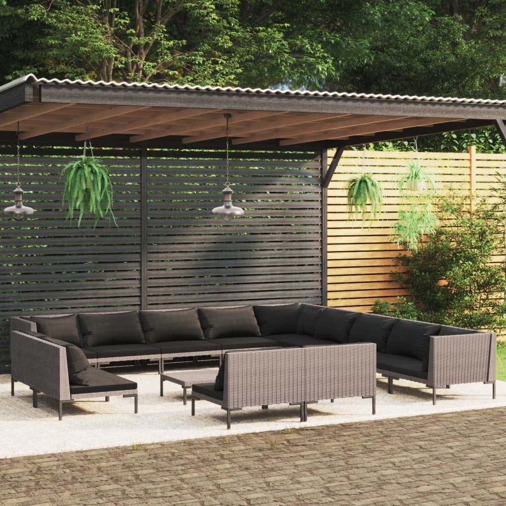 14 Piece Patio Lounge Set with Cushions Poly Rattan Dark Gray E18819
