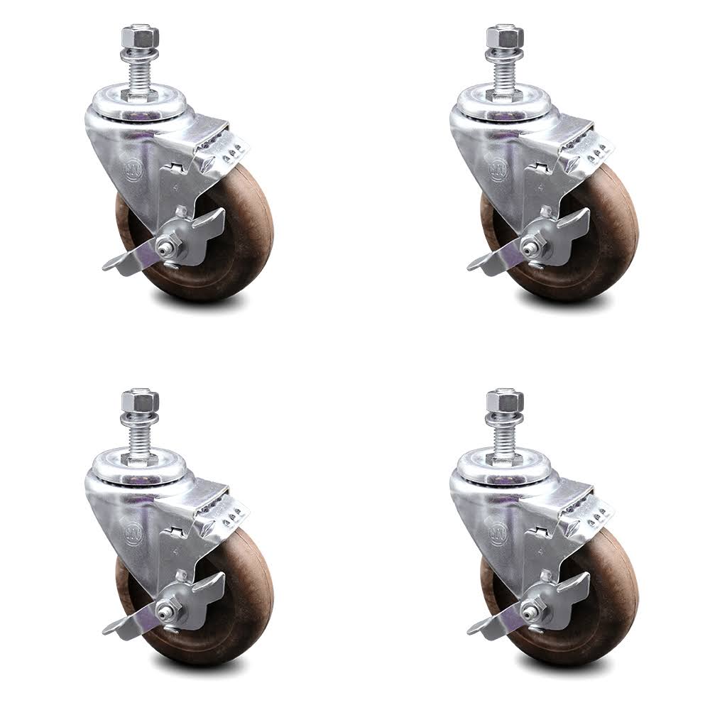 4 inch High Temp Glass Filled Nylon Threaded Stem Caster Set with Brake F879