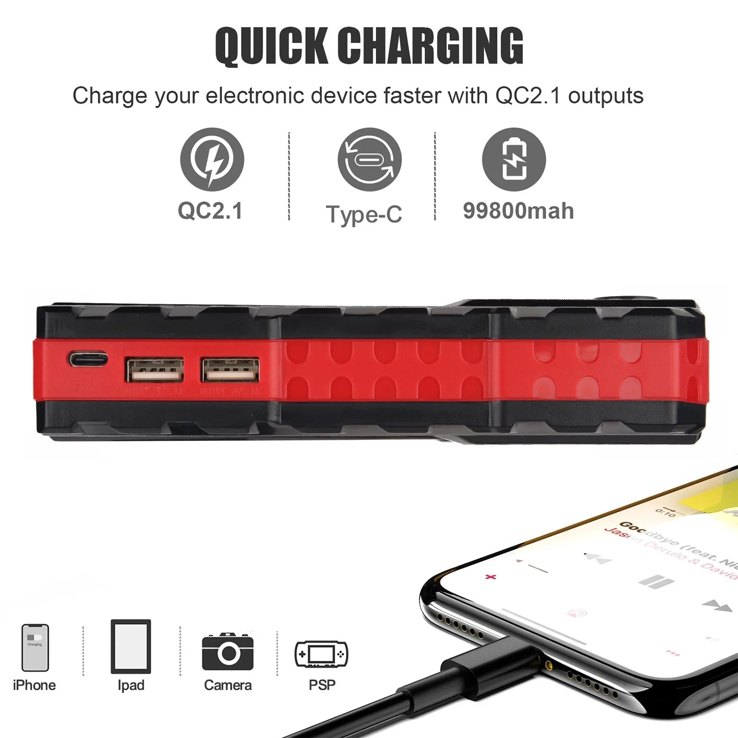 Car Jump Starter 5000A Peak 99800mAh Battery Portable Power Bank Y466