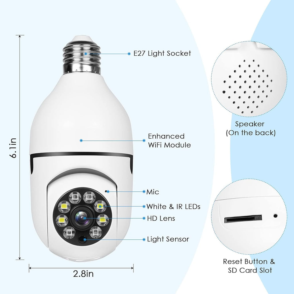 E27 Bulb 1080P Security Camera, PTZ 360 Degree Panoramic Wireless WiFi, Two Way Audio, 32G Memory Card Pack of 2 X2023