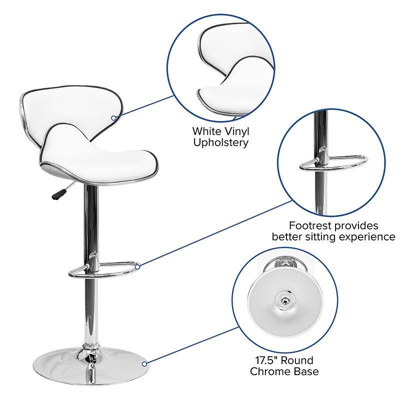 White Vinyl Adjustable Height Barstool with Chrome Base H9113
