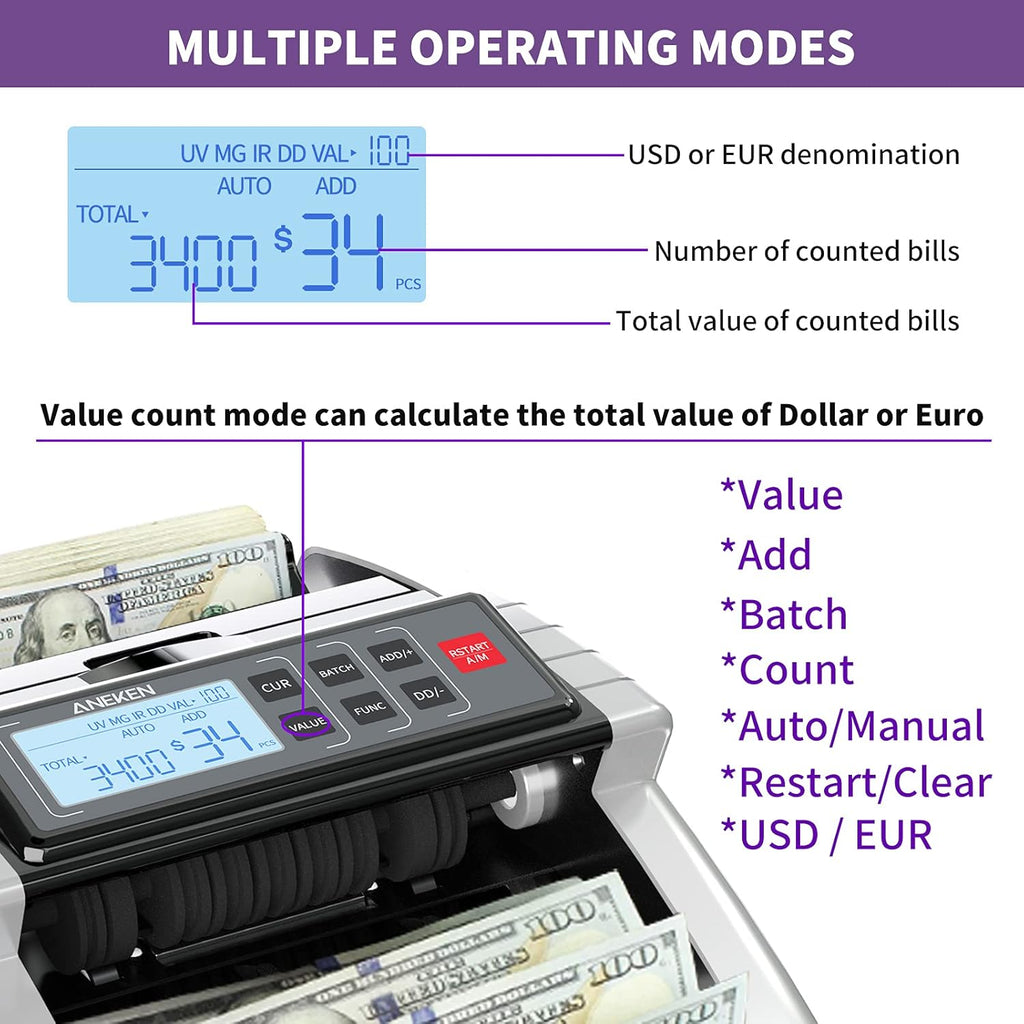 Money Counter Machine with UV/MG/IR/DD Counterfeit Detection, LCD Display, 1000 Bills/Min H1052