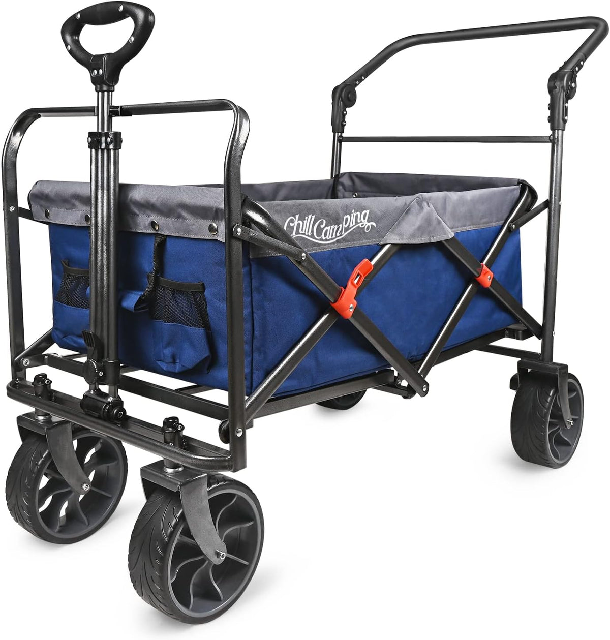 Collapsible Folding Wagon with Adjustable Push Pull Handles, Big Rubber Wheels, Green/Gray K15183