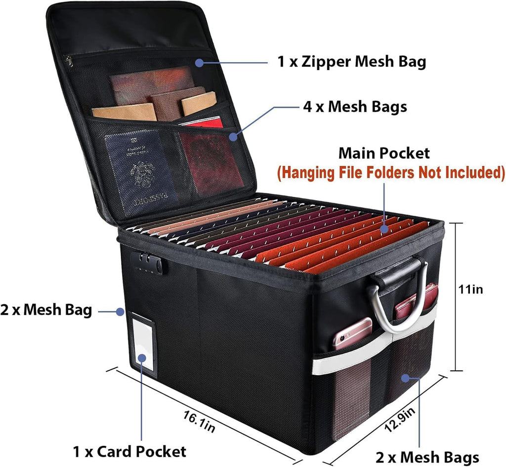 Black Fireproof Document File Organizer Box with Lock, 16.1 x 12.9 x 11in T74546