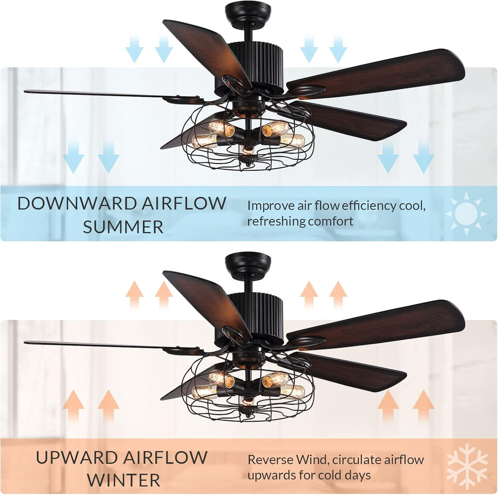 52 Inch Black Ceiling Fan with Lights Remote Control 5 Wood Blades M703666