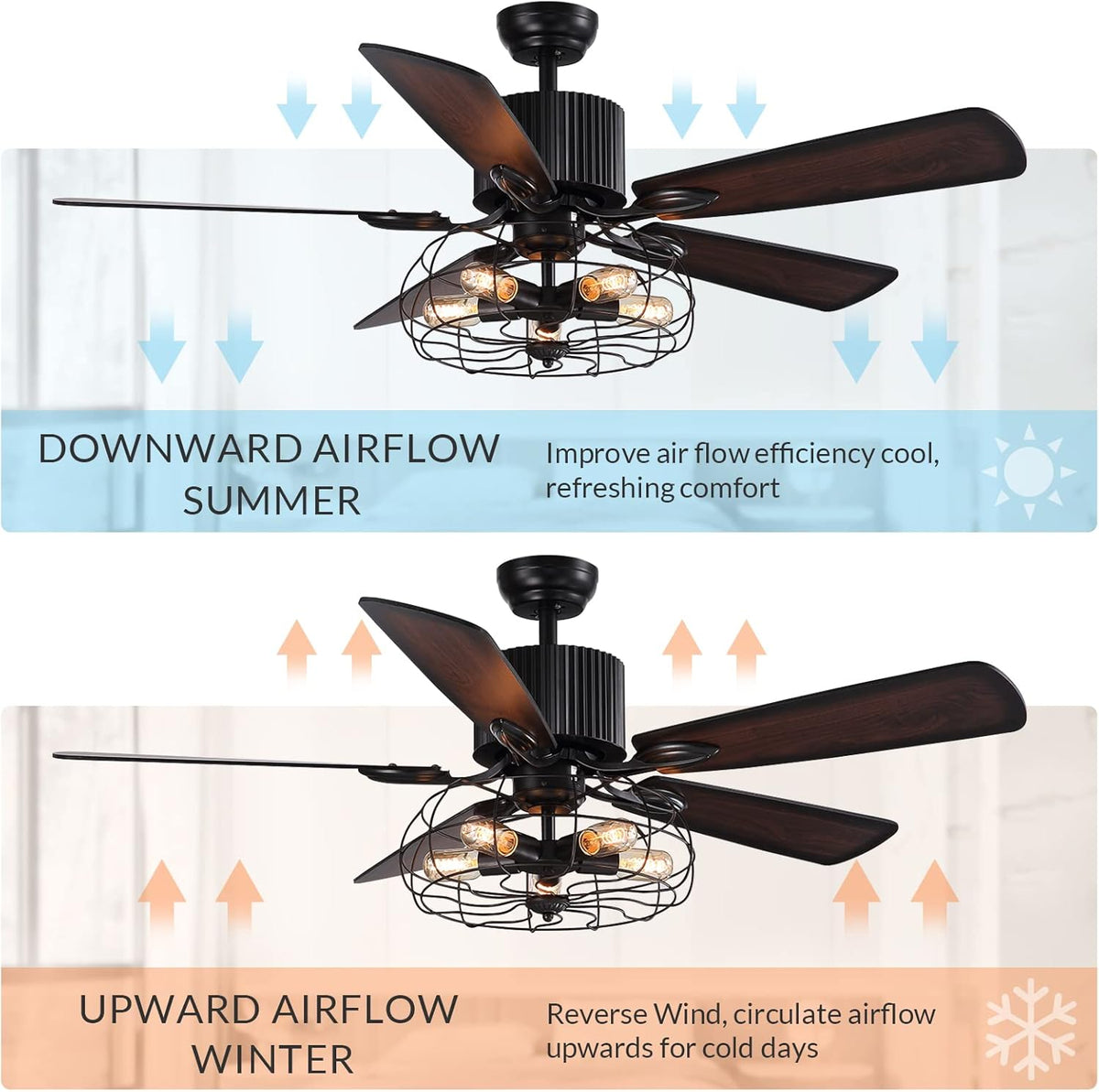 52 Inch Black Ceiling Fan with Lights Remote Control 5 Wood Blades M703666