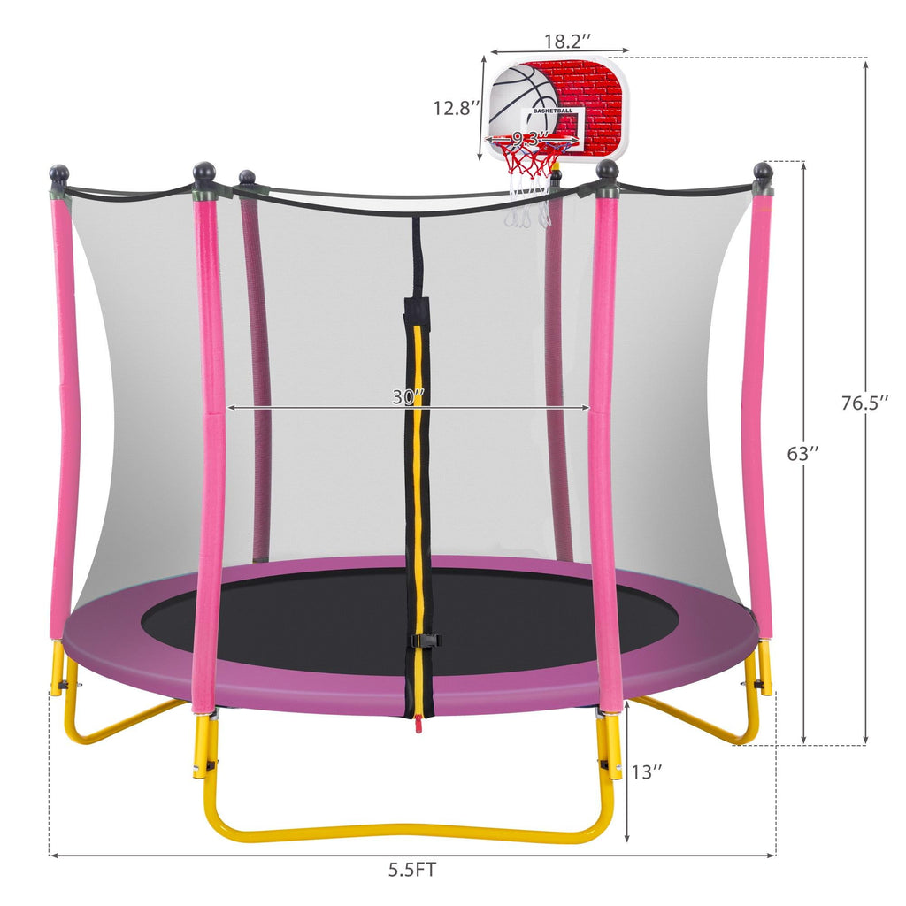 Pink Round Mini Toddler Trampoline with Enclosure and Basketball Hoop K67051