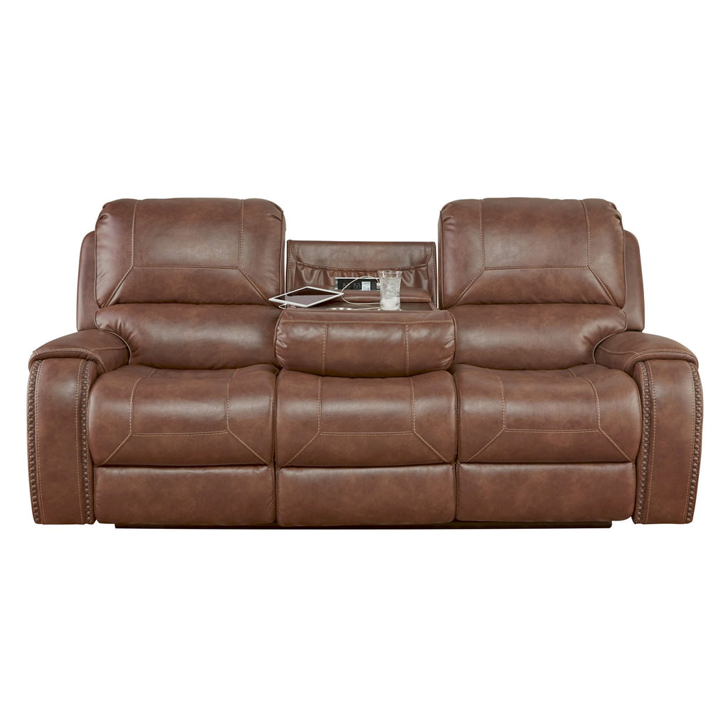 Brown Leather Manual Reclining Sofa with Storage Console and USB Port Q271