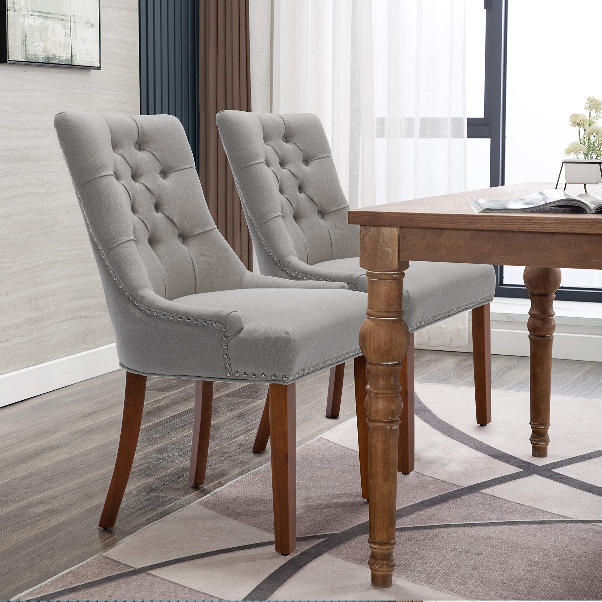 Linen Upholstered Dining Chairs Set of 2 with Solid Wood Legs, Light Gray Z3337