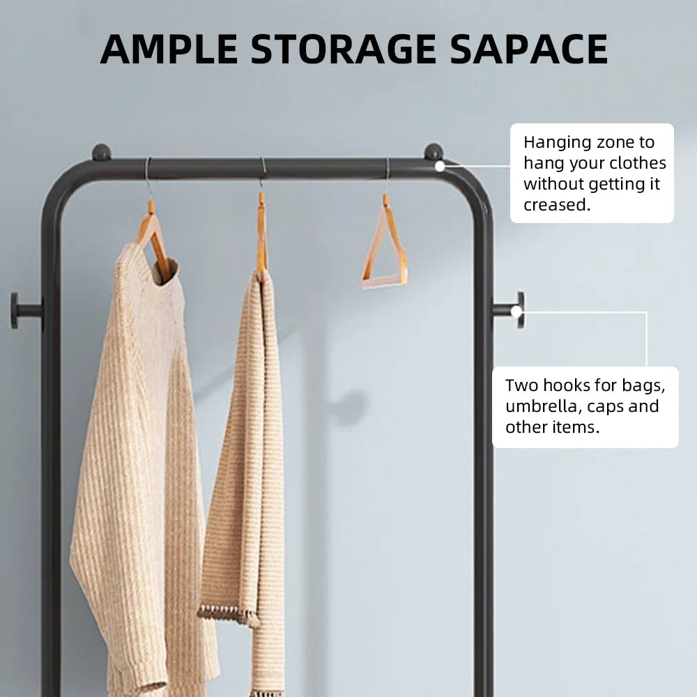Black Movable Garment Rack with 2 Tiers Basket and 2 Side Hooks K265500